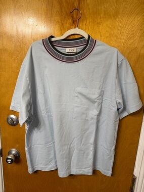 COS Pale Blue Short-Sleeve Pocket Tee with Striped Rib Collar